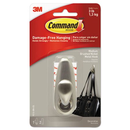Command™ Adhesive Mount Metal Hook, Medium, Brushed Nickel Finish, 1 Hook and 2 Strips/Pack