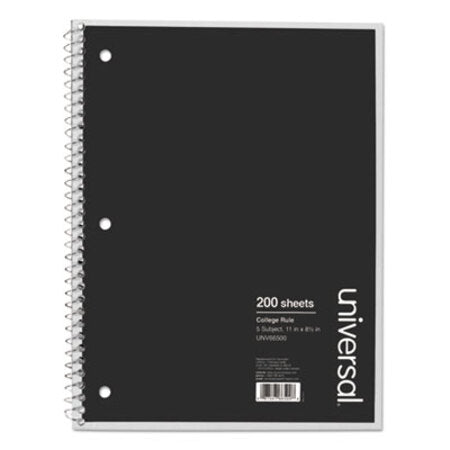 Universal® Wirebound Notebook, 4 Subjects, Medium/College Rule, Black Cover, 11 x 8.5, 200 Sheets