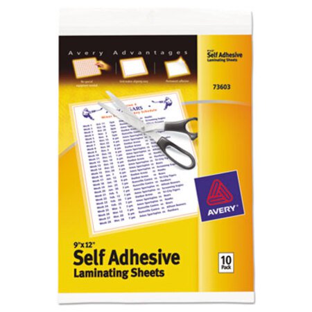 Avery® Clear Self-Adhesive Laminating Sheets, 3 mil, 9" x 12", Matte Clear, 10/Pack