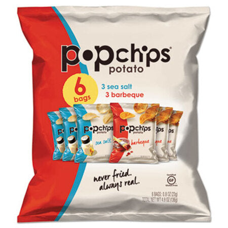 popchips® Potato Chips, BBQ/Sea Salt Flavor, 0.8 oz Bag, 6/Pack