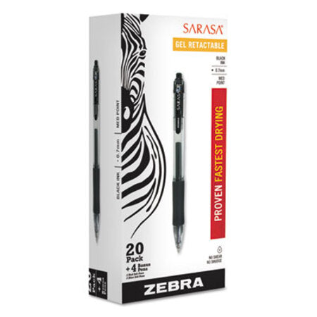 zebra® Sarasa Dry Gel X20 Retractable Gel Pen Value Pack, Medium 0.7mm, Black Ink, Smoke Barrel, 24/Box