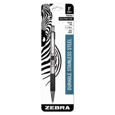 zebra® F-301 Retractable Ballpoint Pen, 1 mm, Black Ink, Stainless Steel/Black Barrel