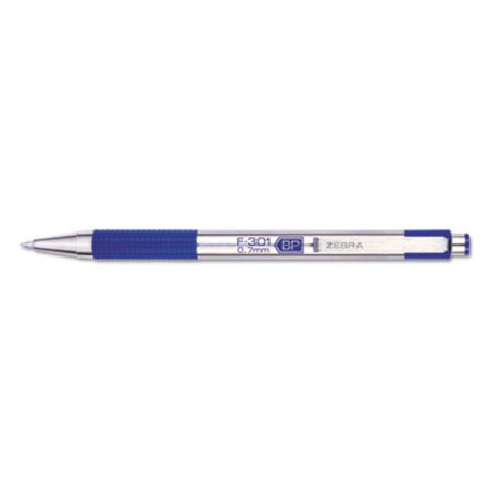 zebra® F-301 Retractable Ballpoint Pen, 0.7 mm, Blue Ink, Stainless Steel/Blue Barrel