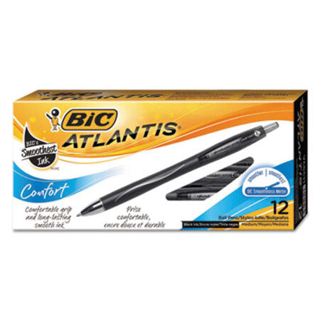 Bic® Atlantis Comfort Retractable Ballpoint Pen, 1.2mm, Black Ink/Barrel, Dozen