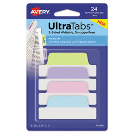 Ultra Tabs Repositionable Margin Tabs, 1/5-Cut Tabs, Assorted Pastels, 2.5" Wide, 24/Pack