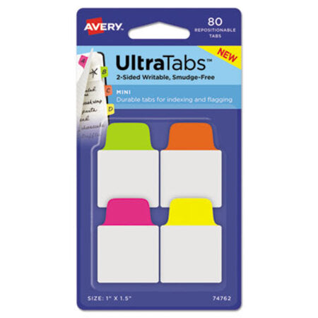 Avery® Ultra Tabs Repositionable Mini Tabs, 1/5-Cut Tabs, Assorted Neon, 1" Wide, 80/Pack