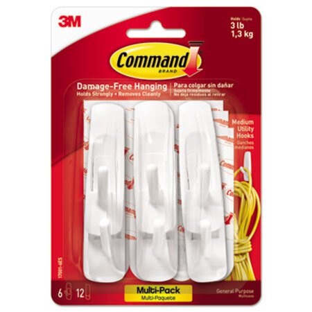Command™ General Purpose Hooks Multi-Pack, Medium, 3 lb Cap, White, 6 Hooks and 12 Strips/Pack