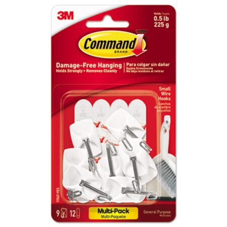 Command™ General Purpose Wire Hooks Multi-Pack, Small, 0.5 lb Cap, White, 9 Hooks and 12 Strips/Pack