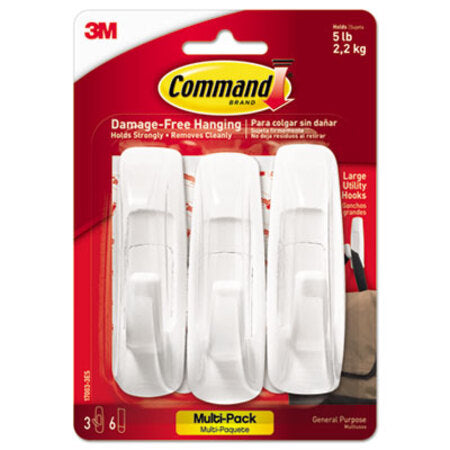 Command™ General Purpose Hooks Multi-Pack, Large, 5 lb Cap, White, 3 Hooks and 6 Strips/Pack