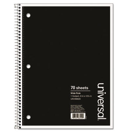 Universal® Wirebound Notebook, 1 Subject, Wide/Legal Rule, Black Cover, 10.5 x 8, 70 Sheets