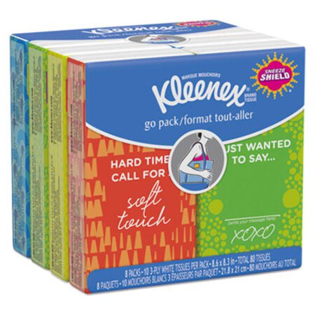 Kleenex® On The Go Packs Facial Tissues, 3-Ply, White, 10 Sheets/Pouch, 8 Pouches/Pack