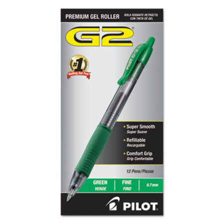 Pilot® G2 Premium Retractable Gel Pen, 0.7 mm, Green Ink, Smoke Barrel, Dozen