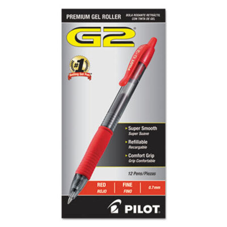 Pilot® G2 Premium Retractable Gel Pen, 0.7 mm, Red Ink, Smoke Barrel, Dozen