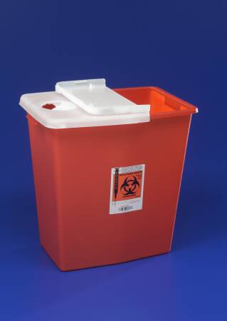 Cardinal Sharps Container SharpSafety™ 18-3/4 H X 18-1/4 W X 12-3/4 D Inch 12 Gallon Red Base / White Lid Vertical Entry Gasketed Sliding Lid