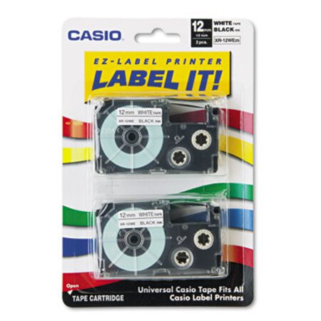 Casio® Tape Cassettes for KL Label Makers, 0.5" x 26 ft, Black on White, 2/Pack