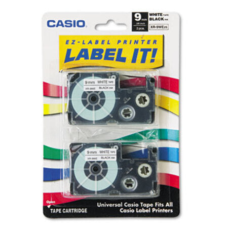 Casio® Tape Cassettes for KL Label Makers, 0.37" x 26 ft, Black on White, 2/Pack