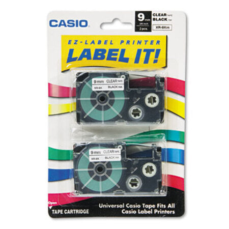 Casio® Tape Cassettes for KL Label Makers, 0.37" x 26 ft, Black on Clear, 2/Pack