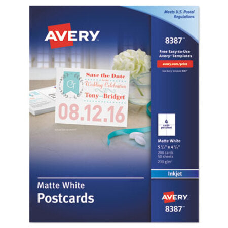 Avery® Postcards for Inkjet Printers, 4 1/4 x 5 1/2, Matte White, 4/Sheet, 200/Box