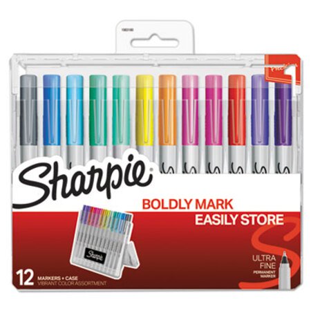 Sharpie® Permanent Markers w/Storage Case, Extra-Fine Needle Tip, Assorted Colors, Dozen