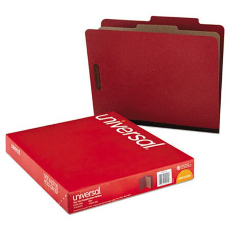 Universal® Four-Section Pressboard Classification Folders, 1 Divider, Letter Size, Red, 10/Box