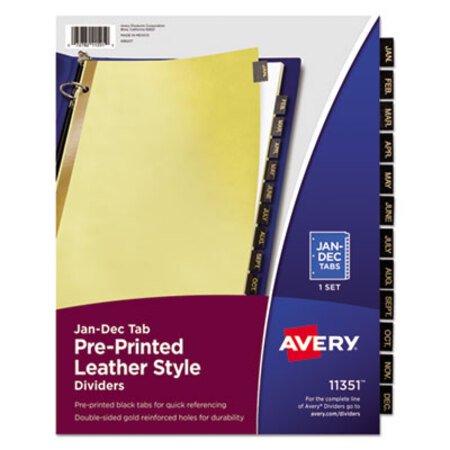 Avery® Preprinted Black Leather Tab Dividers w/Gold Reinforced Edge, 12-Tab, Ltr