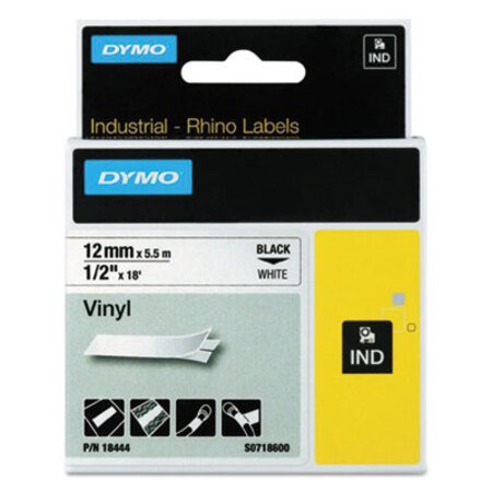 Dymo® Rhino Permanent Vinyl Industrial Label Tape, 0.5" x 18 ft, White/Black Print