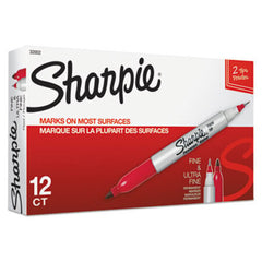 Sharpie® Twin-Tip Permanent Marker, Fine/Extra-Fine Bullet Tip, Red, Dozen