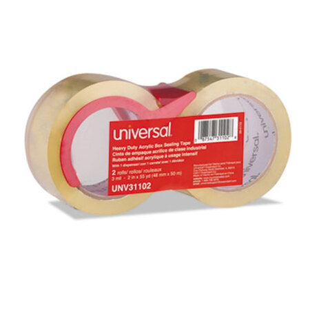 Universal® Heavy-Duty Acrylic Box Sealing Tape with Dispenser, 3" Core, 1.88" x 54.6 yds, Clear, 2/Pack