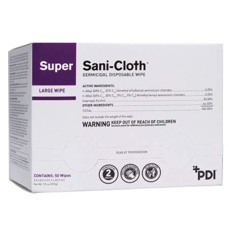 Professional Disposables Super Sani-Cloth® Surface Disinfectant Premoistened Germicidal Wipe 50 Count Individual Packet Disposable Alcohol Scent NonSterile - M-297456-2602 - Case of 500