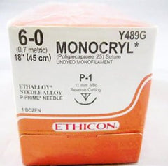 J & J Healthcare Systems Suture with Needle Monocryl™ Absorbable Uncoated Undyed Suture Monofilament Poliglecaprone Size 6 - 0 18 Inch Suture 1-Needle 11 mm Length 3/8 Circle Precision Point - Reverse Cutting Needle