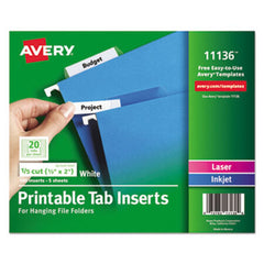 Avery® Tabs Inserts For Hanging File Folders, 1/5-Cut Tabs, White, 2" Wide, 100/Pack