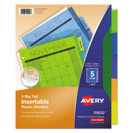 Avery® Insertable Big Tab Plastic Dividers, 5-Tab, 11 x 8.5, Assorted, 1 Set