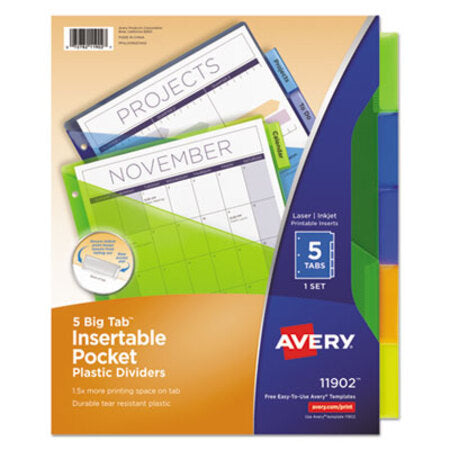 Avery® Insertable Big Tab Plastic 1-Pocket Dividers, 5-Tab, 11.13 x 9.25, Assorted, 1 Set