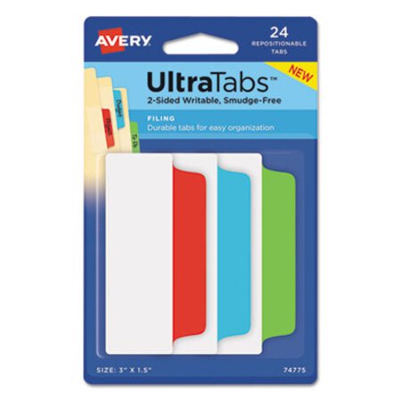 Avery® Ultra Tabs Repositionable Wide Tabs, 1/3-Cut Tabs, Assorted Primary Colors, 3" Wide, 24/Pack