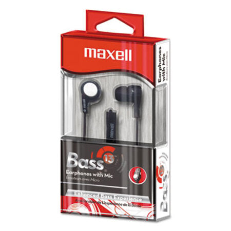Maxell® B-13 Bass Earbuds with Microphone, Black, 52" Cord