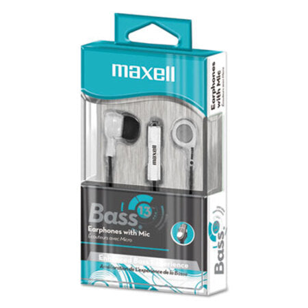 Maxell® B-13 Bass Earbuds with Microphone, White, 52" Cord