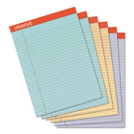 Universal® Perforated Writing Pads, Wide/Legal Rule, 8.5 x 11.75, Assorted Sheet Colors, 50 Sheets, 6/Pack