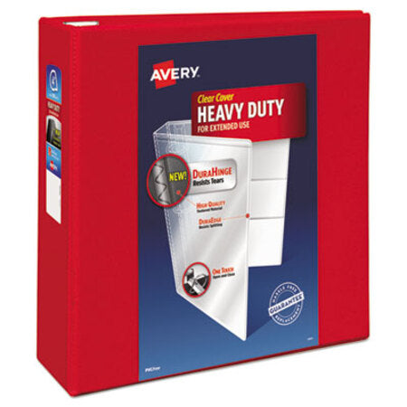 Avery® Heavy-Duty View Binder with DuraHinge and Locking One Touch EZD Rings, 3 Rings, 4" Capacity, 11 x 8.5, Red