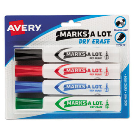 Avery® MARKS A LOT Desk-Style Dry Erase Marker, Broad Chisel Tip, Assorted Colors, 4/Set