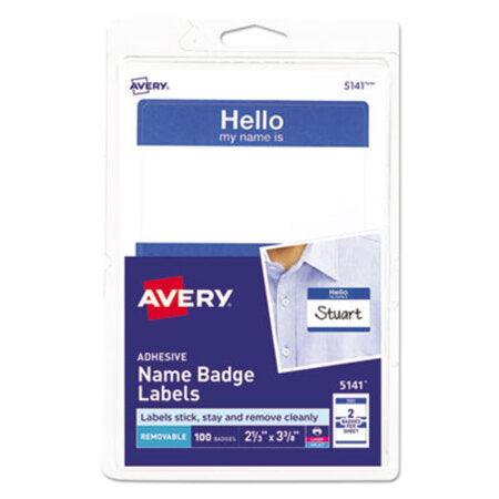 Avery® Printable Adhesive Name Badges, 3.38 x 2.33, Blue "Hello", 100/Pack