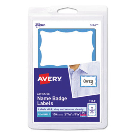 Avery® Printable Adhesive Name Badges, 3.38 x 2.33, Blue Border, 100/Pack