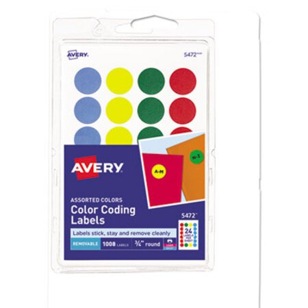 Avery® Printable Self-Adhesive Removable Color-Coding Labels, 0.75" dia., Assorted Colors, 24/Sheet, 42 Sheets/Pack, (5472)