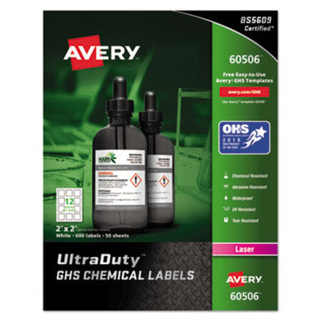 Avery® UltraDuty GHS Chemical Waterproof and UV Resistant Labels, 2 x 2, White, 12/Sheet, 50 Sheets/Box