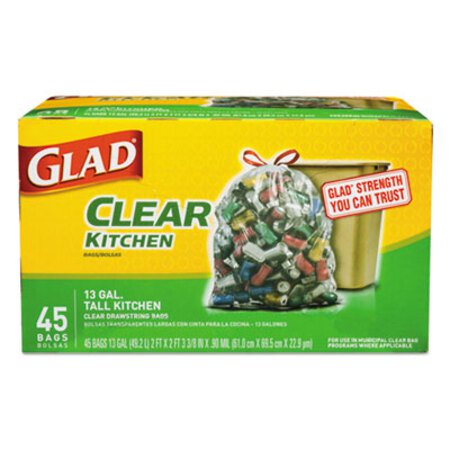 Glad® Recycling Tall Kitchen Drawstring Trash Bags, 13 gal, 0.9 mil, 24" x 27.38", Clear, 45/Box