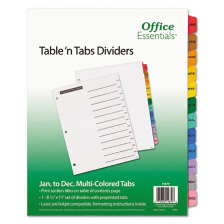 Office Essentials™ Table 'n Tabs Dividers, 12-Tab, Jan. to Dec., 11 x 8.5, White, 1 Set