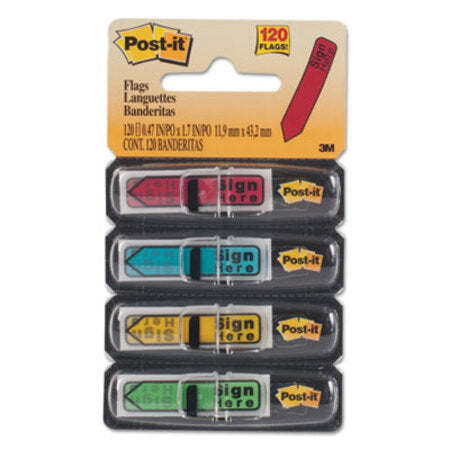 Post-it® Flags Arrow Message 1/2" Page Flags w/Dispensers, "Sign Here", Asst Primary, 120/Pack