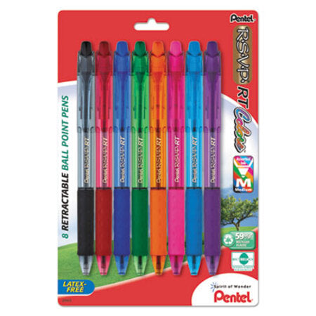 Pentel® R.S.V.P. RT Retractable Ballpoint Pen, 1mm, Assorted Ink, Clear Barrel, 8/Pack