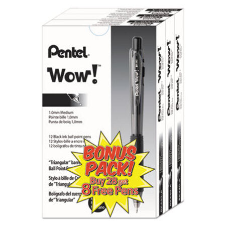 Pentel® WOW! Retractable Ballpoint Pen Value Pack, Medium 1 mm, Black Ink/Barrel, 36/Pack