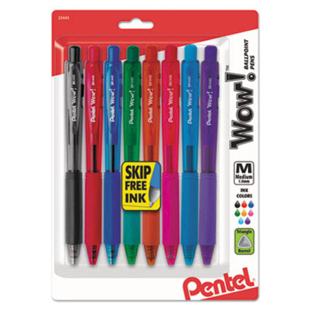 Pentel® WOW! Retractable Ballpoint Pen, Medium 1 mm, Assorted Ink/Barrel, 8/Pack