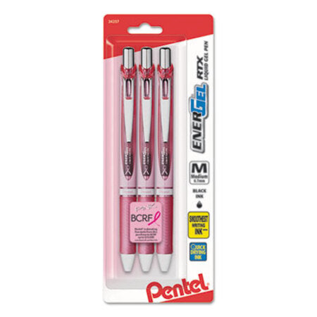 Pentel® EnerGel RTX Retractable Gel Pen, Medium 0.7 mm, Black Ink, Pink Barrel, 3/Pack